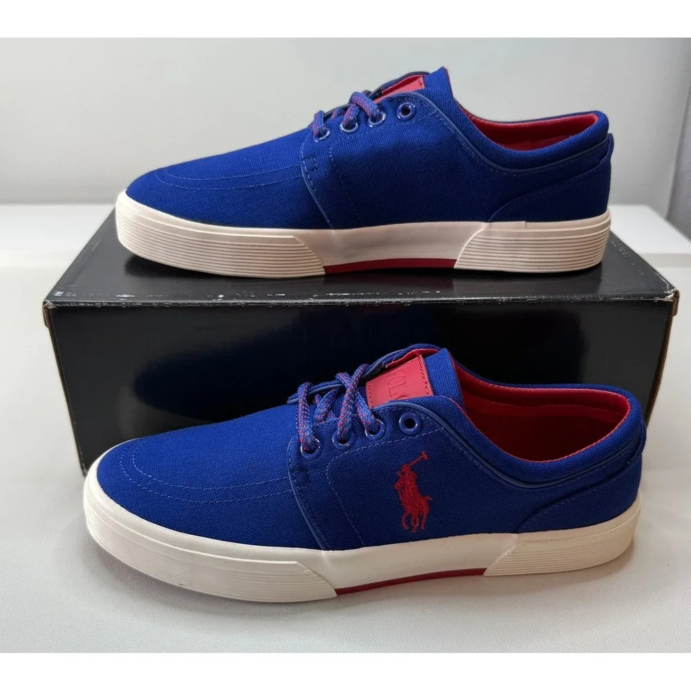 Polo Ralph Lauren Faxon Low Mens Royal Blue Red Canvas Sneakers 7D NEW